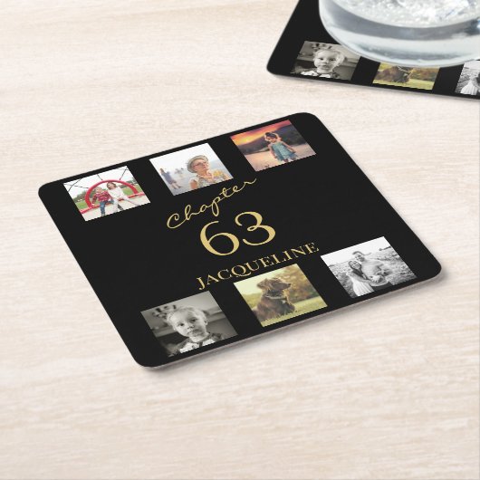 アダルト6フォトブラック金ゴールド誕生日 スクエアペーパーコースター (アングル)