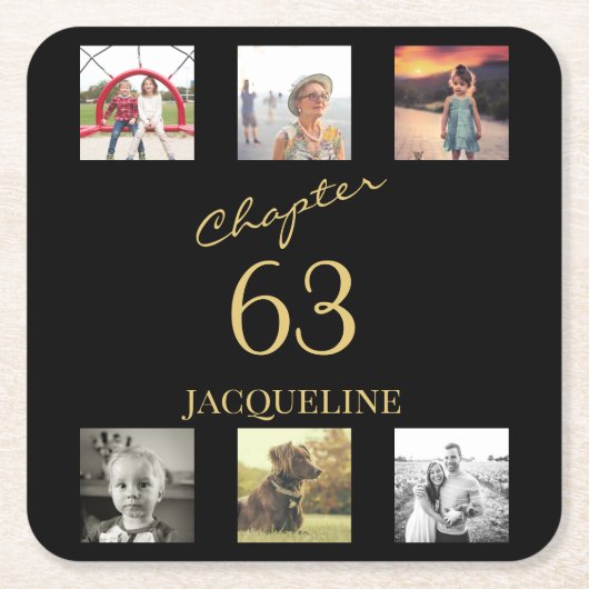 アダルト6フォトブラック金ゴールド誕生日 スクエアペーパーコースター (正面)