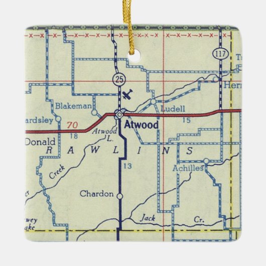アッウッドカンザスヴィンテージの地図 セラミックオーナメント (正面)