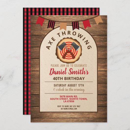 アックススロー誕生日ランバージャッキおもしろいウッド招待状 招待状 (正面/裏面)