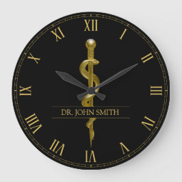 アックレピウスの上品な医療ロッド金ゴールドオンブラック ラージ壁時計