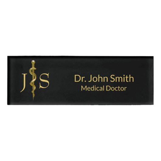 アックレピウスの上品な医療ロッド金ゴールドオンブラック 名札 (正面)