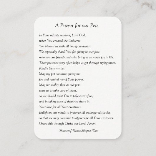 アッシジの聖フランシスへの祈りの言葉のためのペットの聖カード 名刺 (裏面)