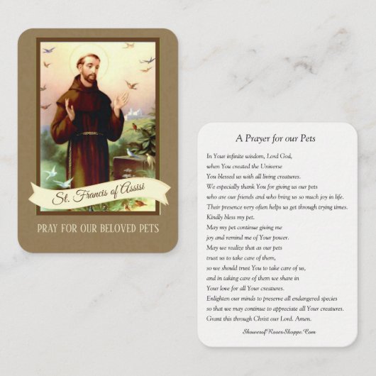 アッシジの聖フランシスへの祈りの言葉のためのペットの聖カード 名刺 (正面/裏面)