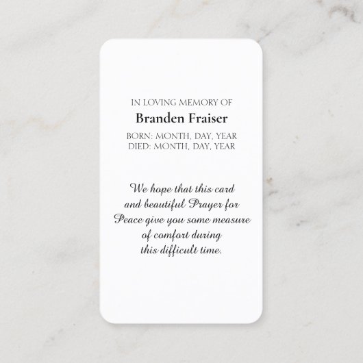 アッシジの聖フランシス悔やみや弔慰祈りの言葉カード 名刺 (裏面)