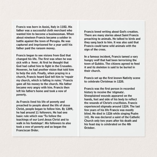 アッシジの聖フランシス祈りの言葉カード 名刺 (内部フラット)