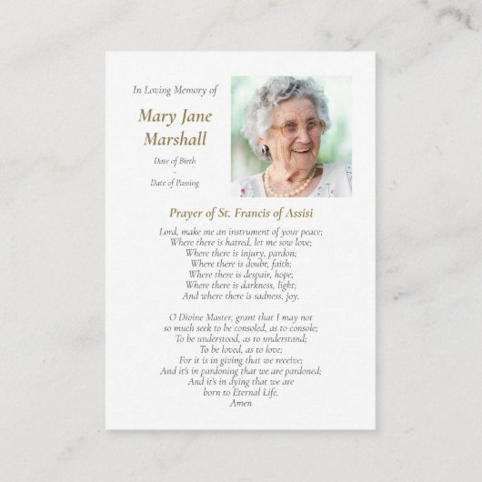 アッシジの葬儀サンフランシス悔やみや弔慰祈りの言葉カード 名刺 (裏面)