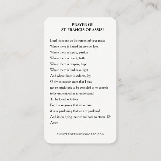 アッシジ聖祈りの言葉カードの聖フランシス祈りの言葉 プレイスカード (裏面)