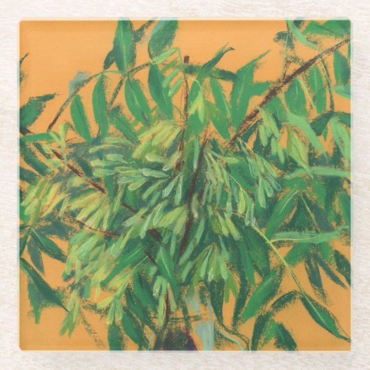 アッシュツリーグリーンイエロー夏の緑のフローラアート ガラスコースター (正面)