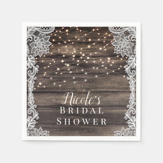 アッシュ素朴ブラウンウッドレース&ライト結婚ズブライダル スタンダードカクテルナプキン (正面)