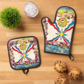 アッシリア国旗のアートワークOven Mittとポット保有者 鍋つかみ&鍋敷きセット (トップダウン)