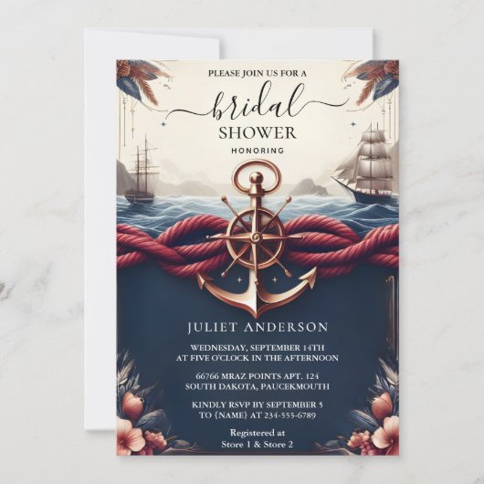 アットノットボートシップネイビーブルー航海のブライダルシャワー 招待状 (正面)