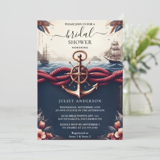 アットノットボートシップネイビーブルー航海のブライダルシャワー 招待状 (スタンド正面)