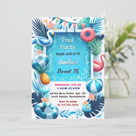 アットボーイおもしろい10代のアダルトプールパーティースウィート16誕生日 招待状 (スタンド正面)