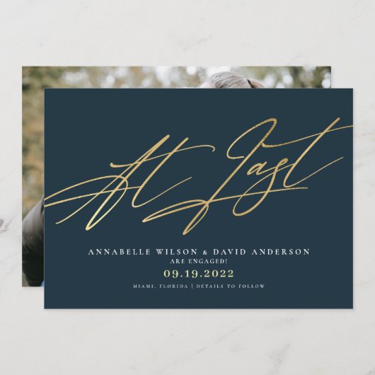 アットラストネイビー&金ゴールド写真婚約 案内状 (正面/裏面)