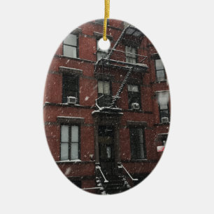 アッパーウエストサイドブラウンストーン火災エスケープNYC雪 セラミックオーナメント