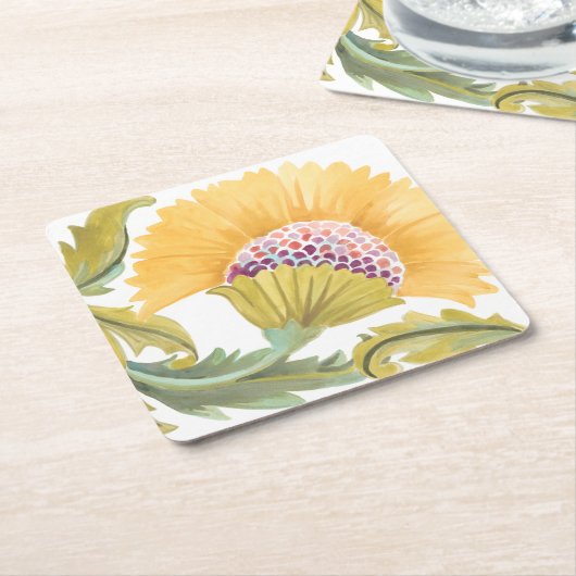 アッビーフローラタイル – 黄 スクエアペーパーコースター (アングル)