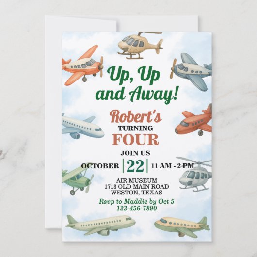 アップおよび空遠くに機誕生日 招待状 (正面)