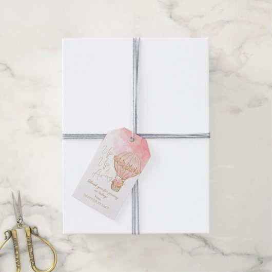 アップと遠くにバラホットエアバルーン女の子ベビーシャワー ギフトタグ (より糸付き)