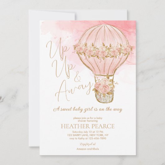 アップと遠くにバラホットエアバルーン女の子ベビーシャワー 招待状 (正面)