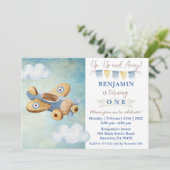 アップアップおよび遠くにヴィンテージ飛行機誕生日招待状 招待状 (スタンド正面)