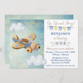 アップアップおよび遠くにヴィンテージ飛行機誕生日招待状 招待状 (正面/裏面)