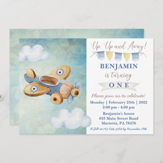 アップアップおよび遠くにヴィンテージ飛行機誕生日招待状 招待状 (正面/裏面)