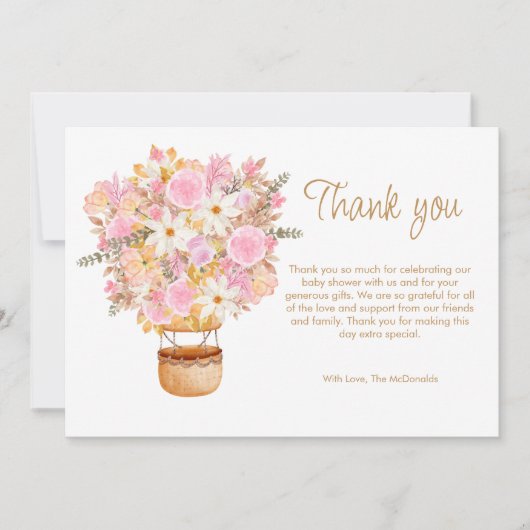 アップアップとピンクの遠くにフローラバルーンベビーシャワー サンキューカード (正面)