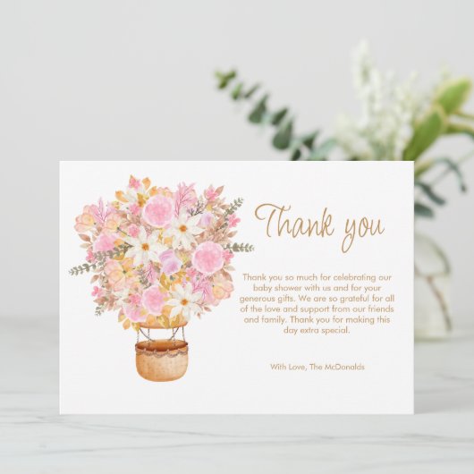 アップアップとピンクの遠くにフローラバルーンベビーシャワー サンキューカード (スタンド正面)