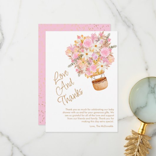 アップアップとピンクの遠くにフローラバルーンベビーシャワー サンキューカード (正面/裏面インサイチュ)