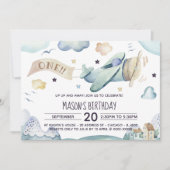 アップアップと水遠くに色の飛行機の誕生日パーティー 招待状 (正面)