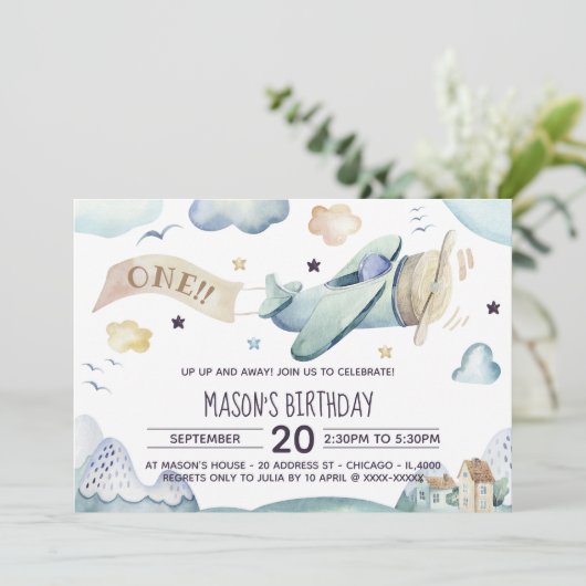 アップアップと水遠くに色の飛行機の誕生日パーティー 招待状 (スタンド正面)