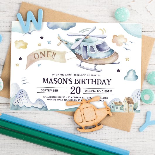 アップアップと水遠くに色ヘリコプター誕生日 招待状