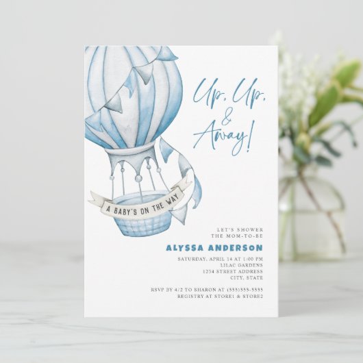 アップアップと熱遠くに気球の赤ちゃんシャワー 招待状 (スタンド正面)