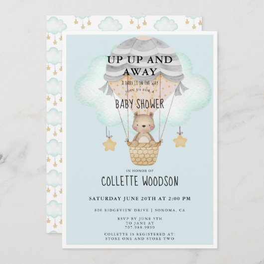 アップアップと熱遠くに気球の赤ちゃんシャワー 招待状 (正面/裏面)