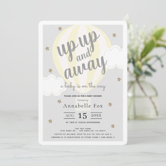 アップアップと熱遠くに気球の黄色の赤ちゃんシャワー 招待状 (スタンド正面)