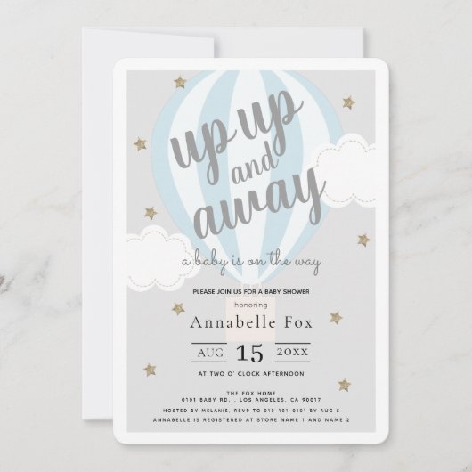 アップアップと熱遠くに気球ブルーベビーシャワー 招待状 (正面)