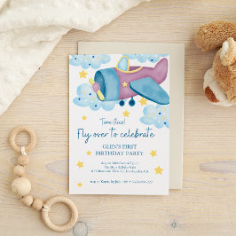 アップアップと遠くにパープル飛行機誕生日少年 招待状