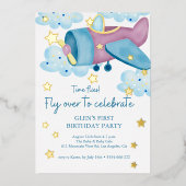 アップアップと遠くにパープル飛行機誕生日少年 箔招待状 (正面)