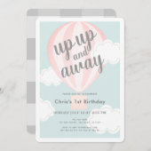 アップアップと遠くにピンクホットエアバルーン1st誕生日 招待状 (正面/裏面)