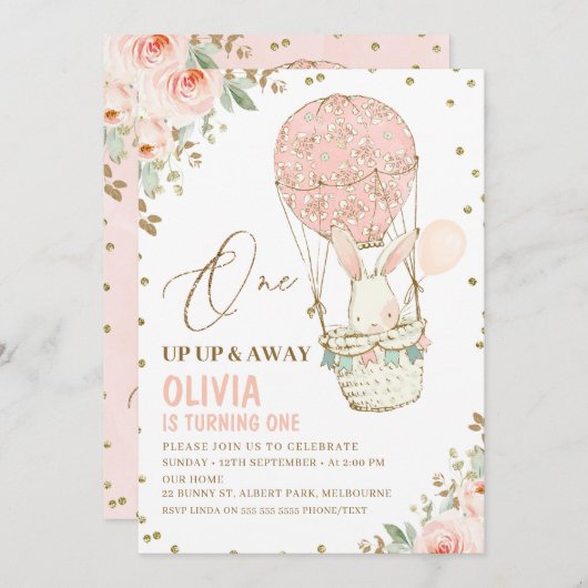 アップアップと遠くに熱気球の最初の誕生日インビ 招待状 (正面/裏面)