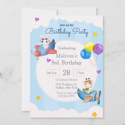 アップアップと遠くに飛行機3歳の誕生日パーティの招待状 招待状 (正面)
