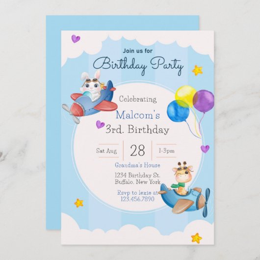 アップアップと遠くに飛行機3歳の誕生日パーティの招待状 招待状 (正面/裏面)
