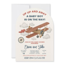 アップアップと飛行機遠くにのベビーシャワー招待状
