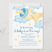 アップアップと黄遠くに色の飛行機男の赤ちゃんシャワー 招待状 (正面)