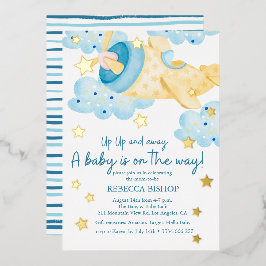 アップアップと黄遠くに色の飛行機男の赤ちゃんシャワー 箔招待状