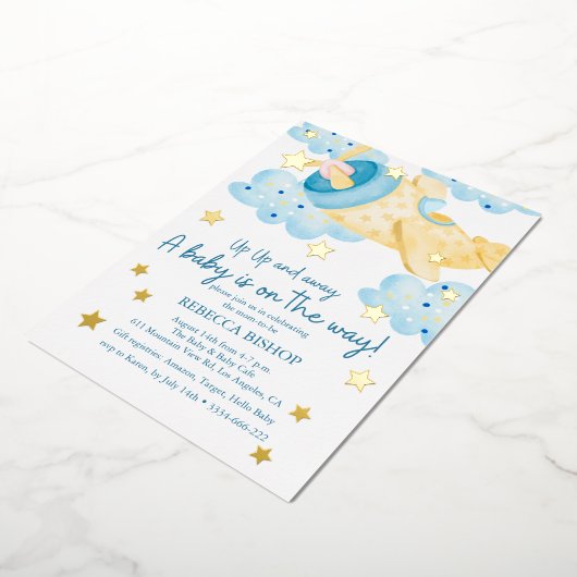 アップアップと黄遠くに色の飛行機男の赤ちゃんシャワー 箔招待状 (回転した状態)