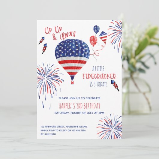 アップアップ遠くにと小さな爆竹任意の年齢誕生日 招待状 (スタンド正面)