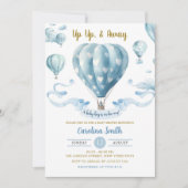 アップアップ&ブルー遠くにホットエアバルーン男の子ベイビーシャワー 招待状 (正面)