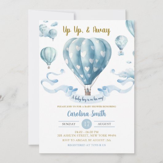 アップアップ&ブルー遠くにホットエアバルーン男の子ベイビーシャワー 招待状 (正面)
